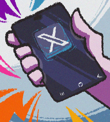 Ilustração de mão segurando um celular. Na tela, o ícone do X.